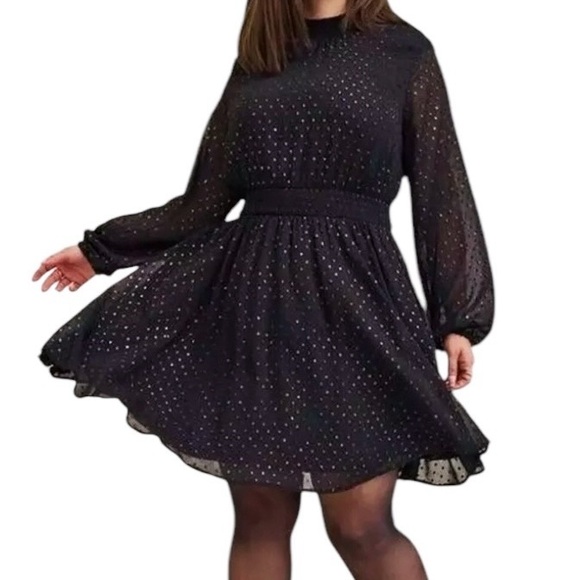 torrid Dresses & Skirts - Torrid Mini Clip Dot Blouson Sleeve Dress Size 1X Women Plus Size Black Metallic